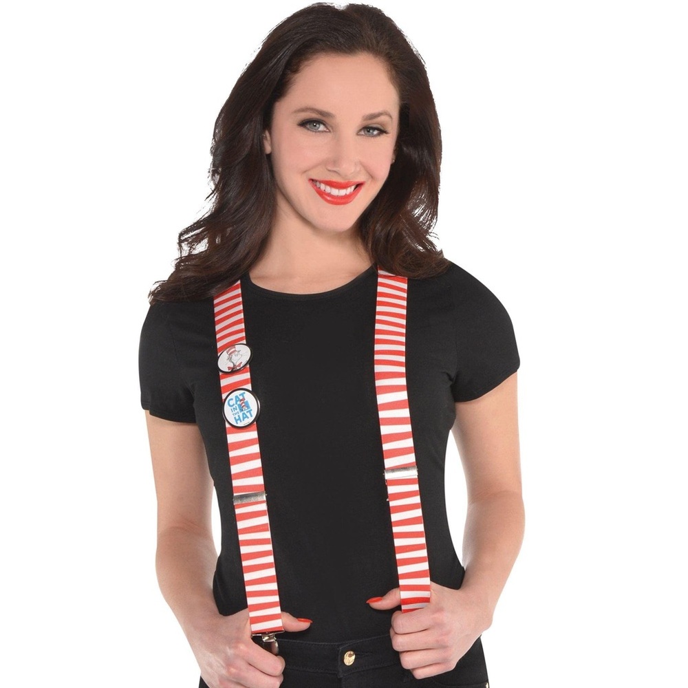 Dr. Suess Cat In The Hat Costume Red and White Striped Suspenders with Pins